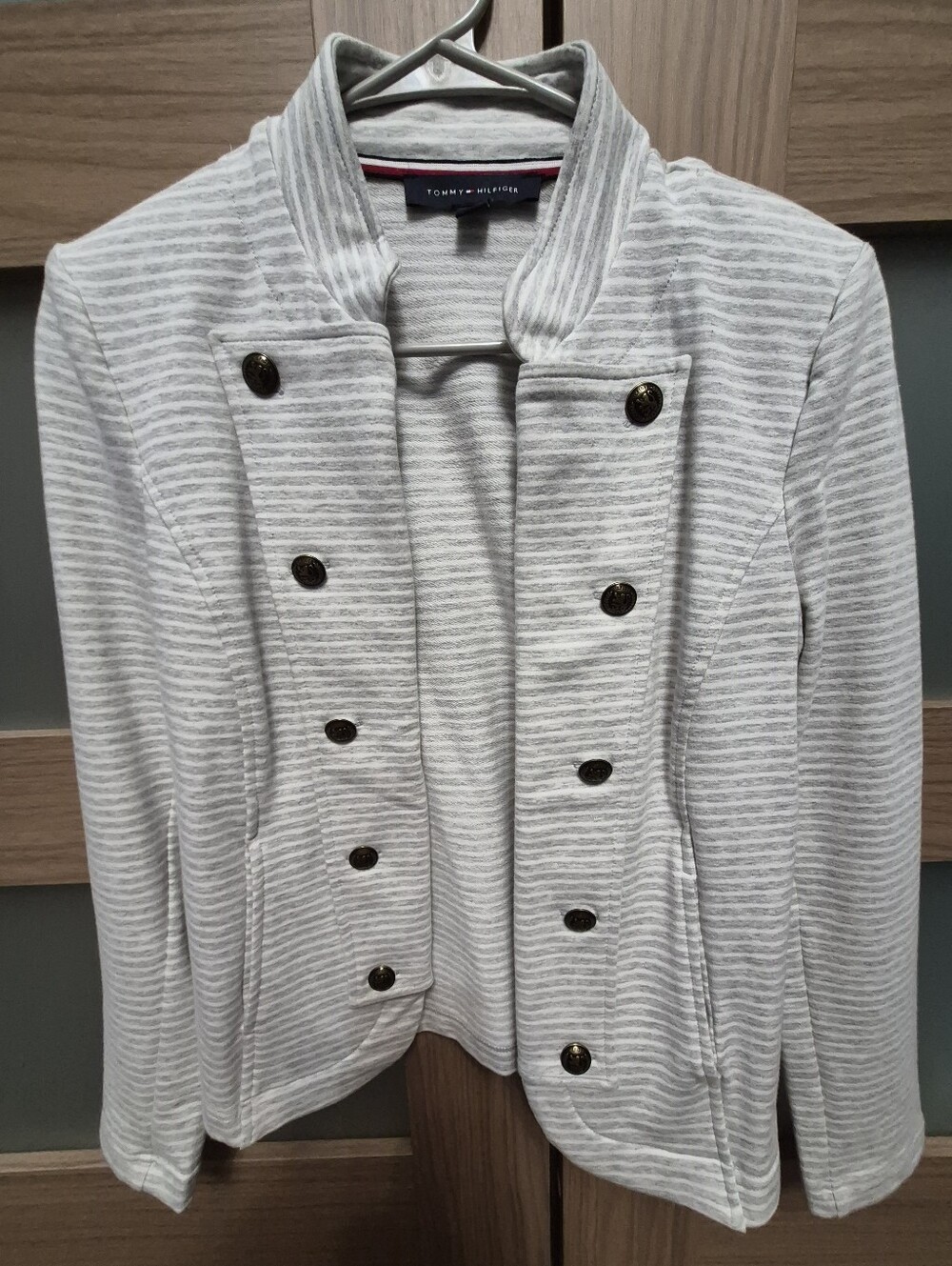 Tommy Hilfiger White and Light Gray Striped Military-Style Blazer